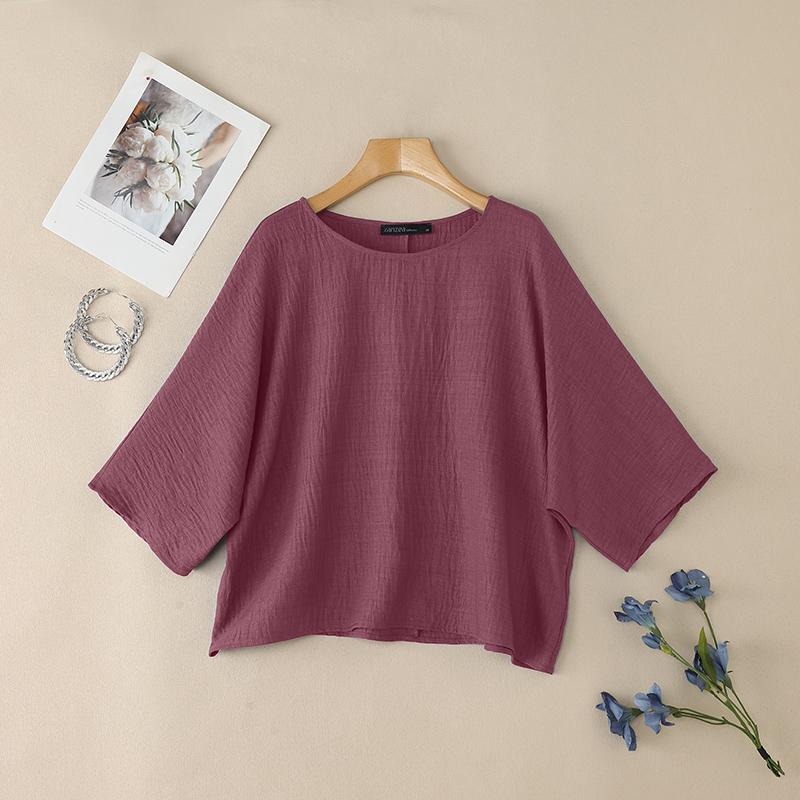 ZANZEA Women Summer Round Neck Solid Color Loose 3/4 Sleeve Blouse