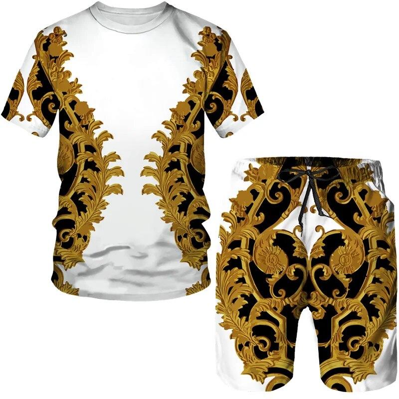 Luxury Golden Flower 3D Print Men Women Tees/Suits Vintage Baroque Pattern T-Shirts&Shorts Set Fashion Couple Streetwear Clothes