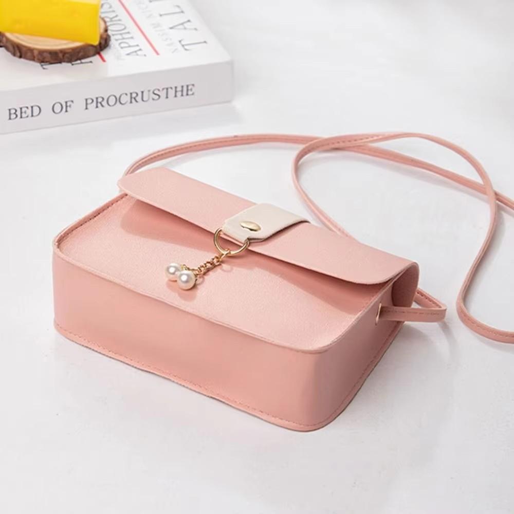 Women's PU Leather Small Square Crossbody Bag, Luxury Shoulder Bag with Pearl Pendant