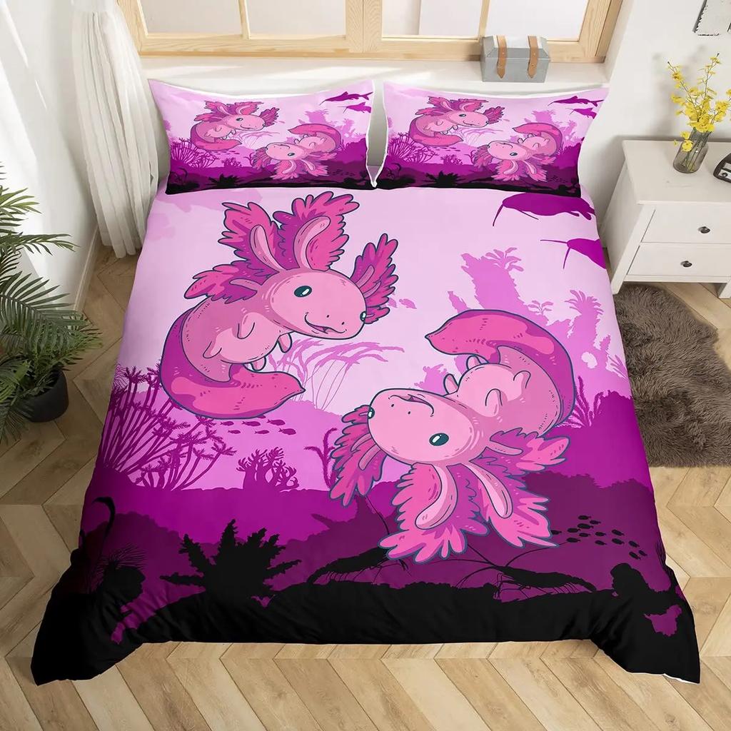 Cartoon Pink Axolotl Floral King Queen Duvet Cover Kawaii Salamander Bedding Set 3D Animal Quilt Cover Polyester Comforter Cover