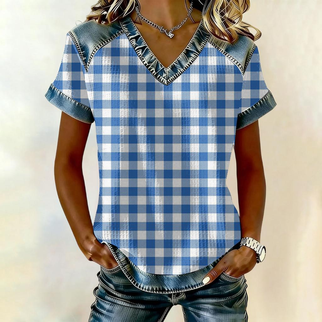 Women's Fashionable Casual Striped Checkered Printed Blouse