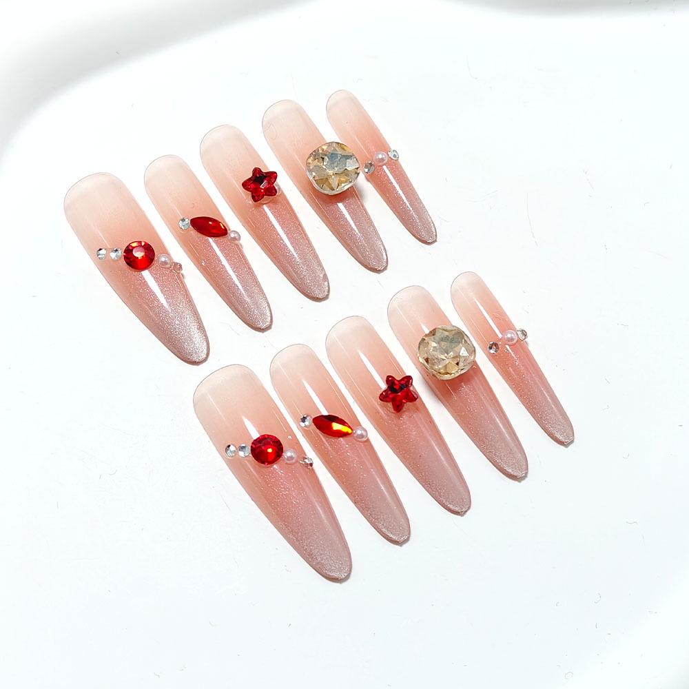 High-End Wine Red Cat Eye Diamond French Press-On Nails Small