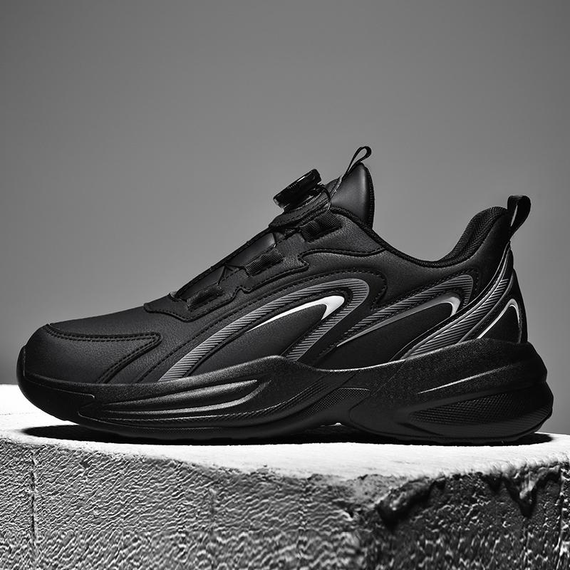 Waterproof Leather Sports Shoes for Men with Rotating Buttons, No Need to Tie Laces, Non-Slip, Large Size Youth Running Shoes