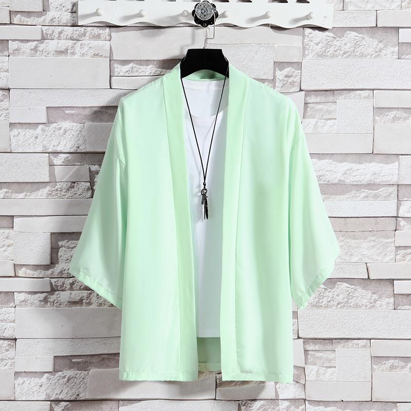 

Spring Summer Men s Sun Protection Clothing Japanese Kimono Shirts Casual Open Stitch Lightweight Solid Three Quarter Loose Couple Shirts M-5XL 5XL зелений