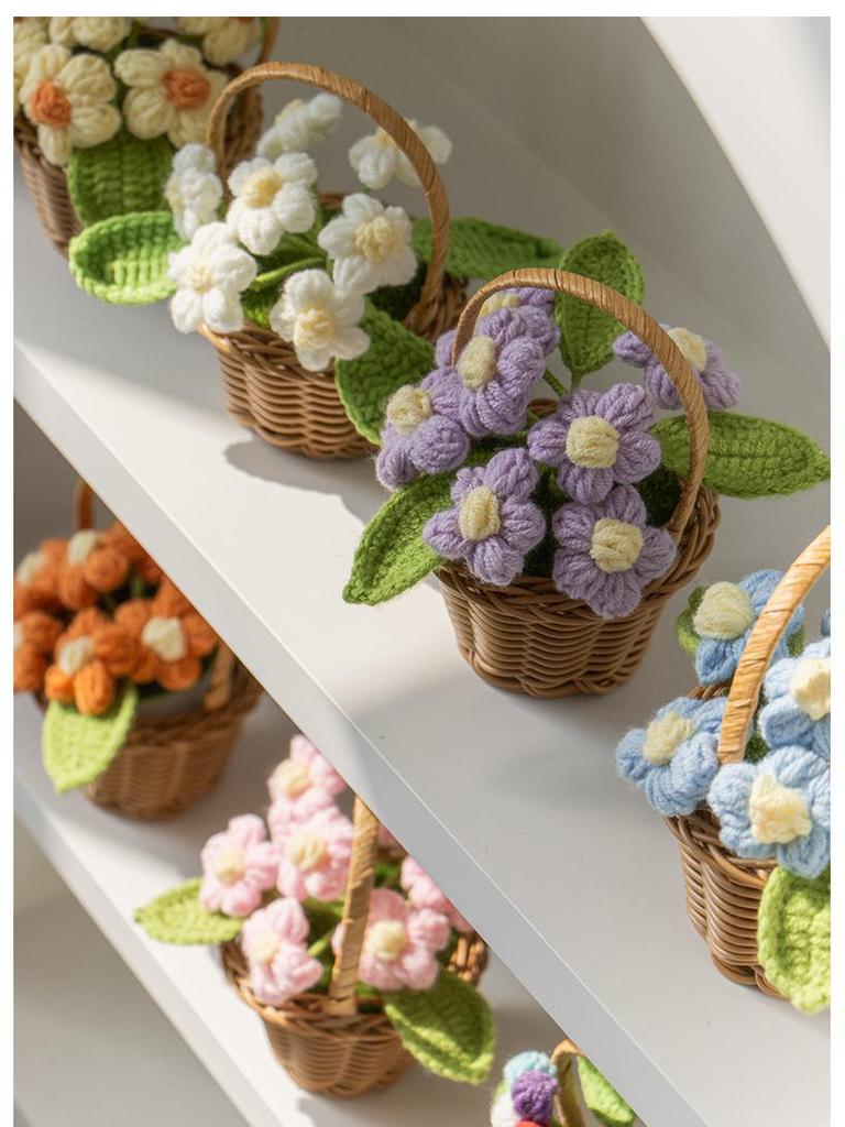 Handmade Crochet Blue Potted Flower Decoration - Everlasting Knitted Desktop Ornament