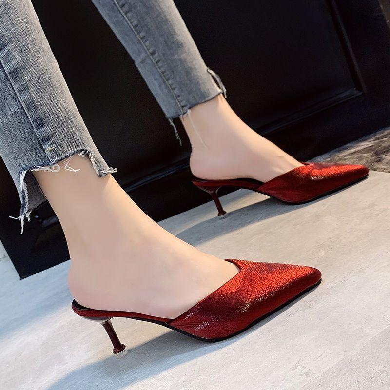 Slippers high-heeled stiletto women 2025 spring and summer new bag head lazy half slippers pointed head Korean version of one-word drag outer wear wom