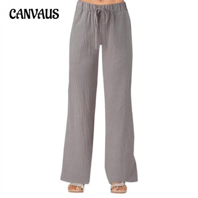 Pantalon en coton et lin pour femmes, couleur unie, poches à nouer, ample, décontracté, jambes larges, printemps et été