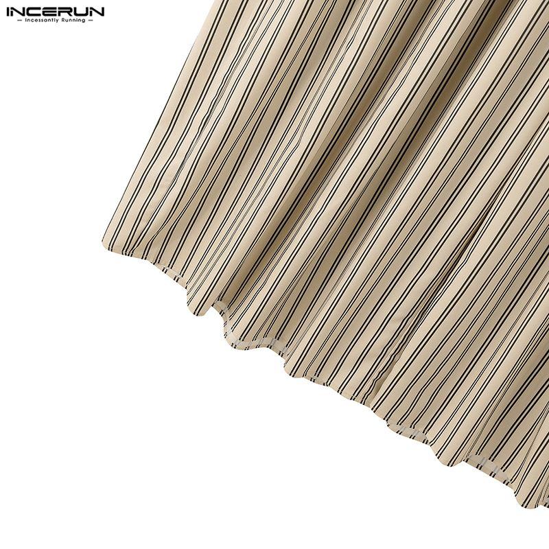 INCERUN Mens Striped Wide Leg Pants High Waist Button Loose Fit Casual Long Trousers