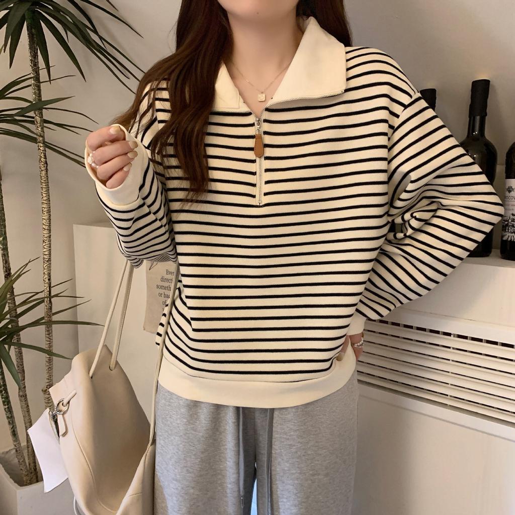 Black Striped Polo Neck Front Shoulder Sweater Women's Autumn New Loose Half Zipper Casual Style