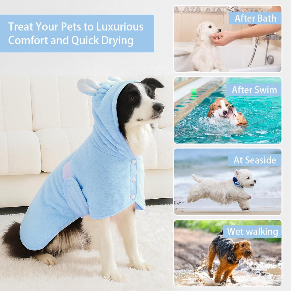 Haustierbademantel, Handtuch für Hunde und Katzen, Superabsorbierend, Niedliches Hunde-Badetuch, Kapuzenmantel, Verstellbarer Kragen und Bauchgurt, XS bis XL