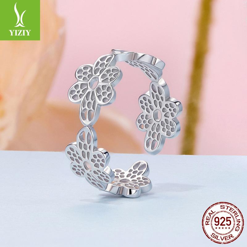 S925 Sterling Silver Niche High-End Hollow Lace Small Flower Opening Ring Foreign Trade Explosion