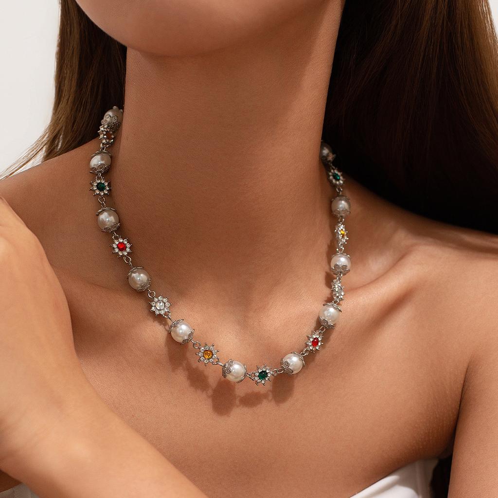 Collier Chaîne Empilée Croix Diamant Femme, Bijoux Fleur Perle Imitation Personnalité Douce