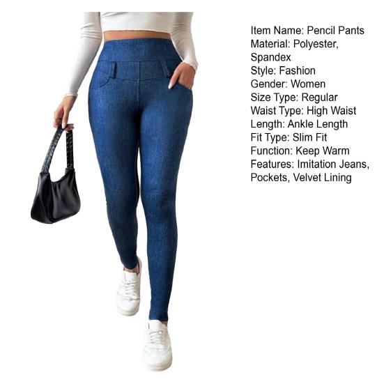 Női Ceruza Nadrág Műbőr Farmer Magas Derék Bársony Bélésű Meleg Leggings Szűk Illeszkedésű Nadrág Zsebekkel Munkába Is Iskola Ruházat