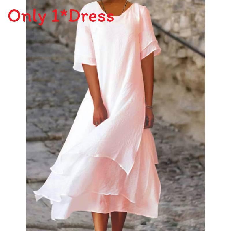 Vestido de Verano de Algodón y Lino de Doble Capa con Bloques de Color y Manga Corta de Cuello Redondo para Uso Casual