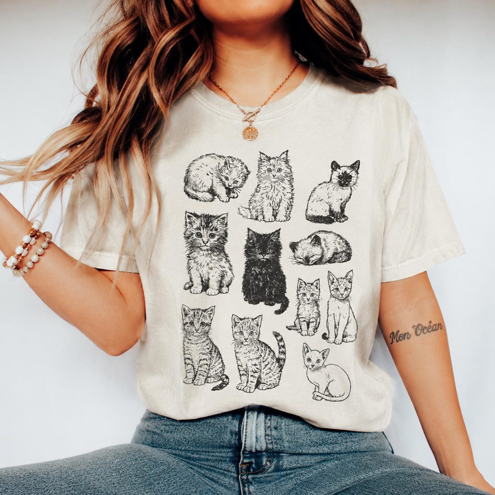 Vintage Cat Parade T-Shirt, Hand-Drawn Kittens, Cat Mom Gift S