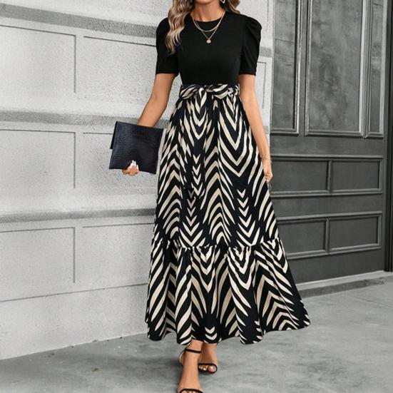 Robe d'été Col rond Manches courtes Taille haute Robe longue Épissure Imprimé feuille Ourlet fluide Robe maxi Vêtement quotidien