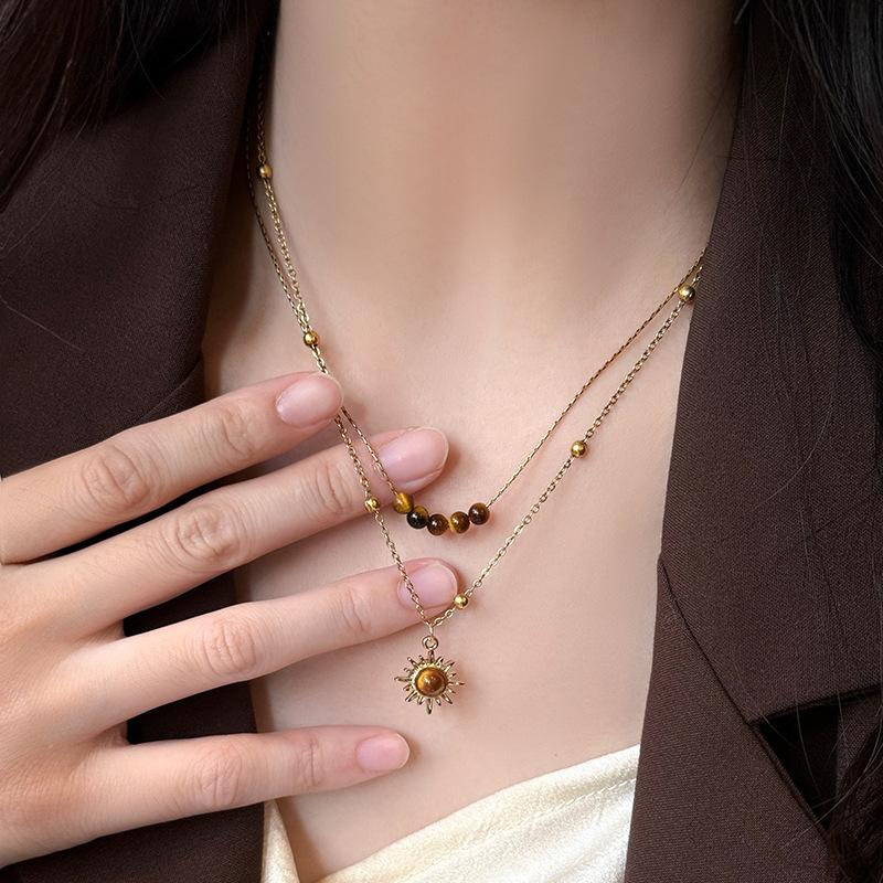 Sun Star Zircon Necklace For Women Vintage Leather Necklace Double Layered Pendant Chain Choker  Jewelry