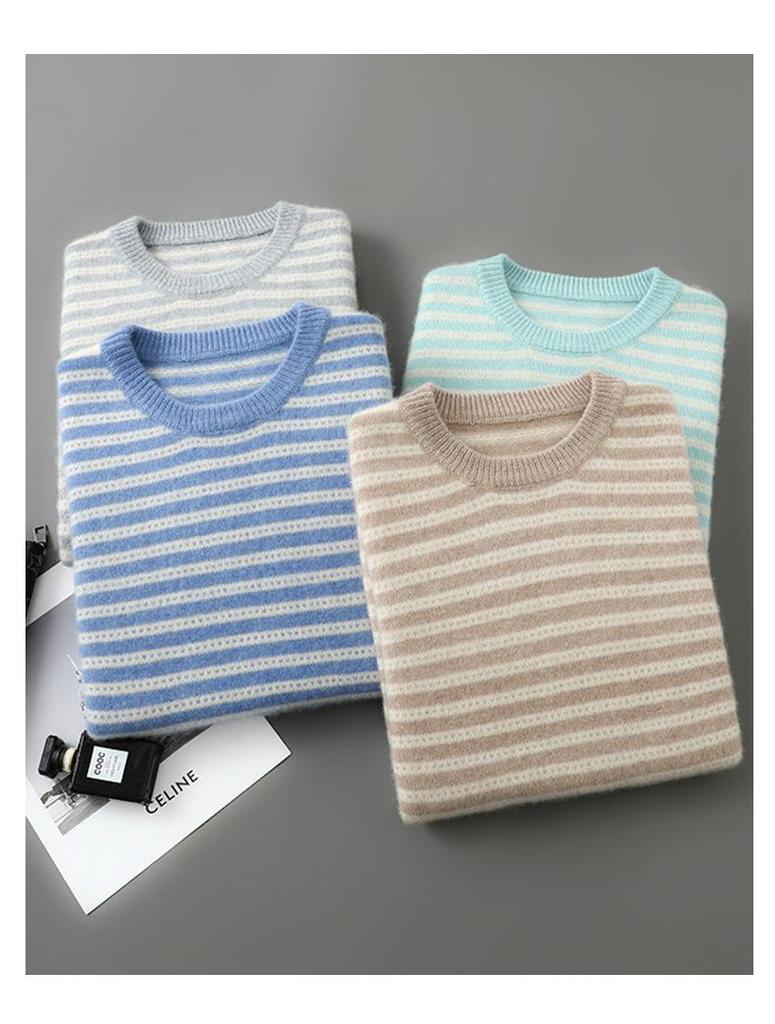 Men's 100% Pure Wool Striped Round Neck Sweater - Casual Cashmere Knitwear