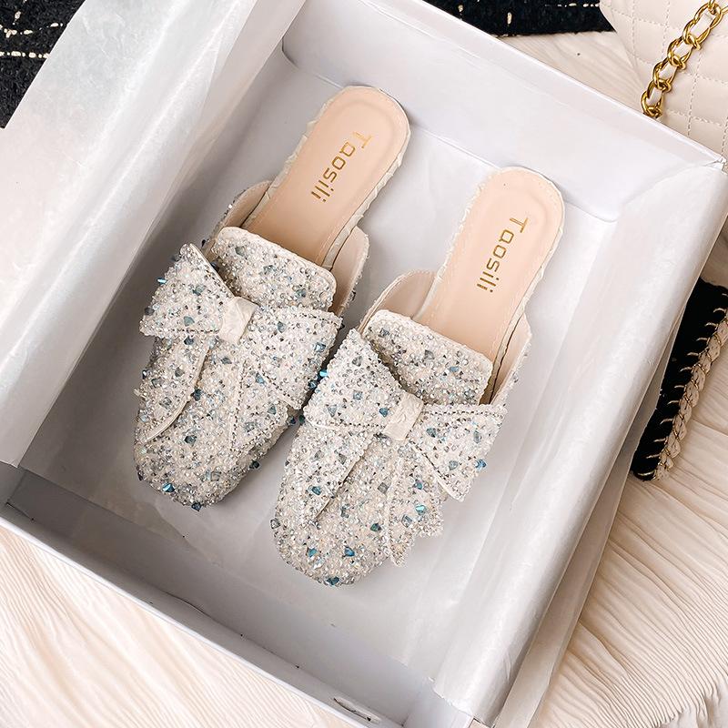 Baotou half slippers women's summer wear new bow-tie rhinestone cool slippers flat-soled single shoes half-tray shoes