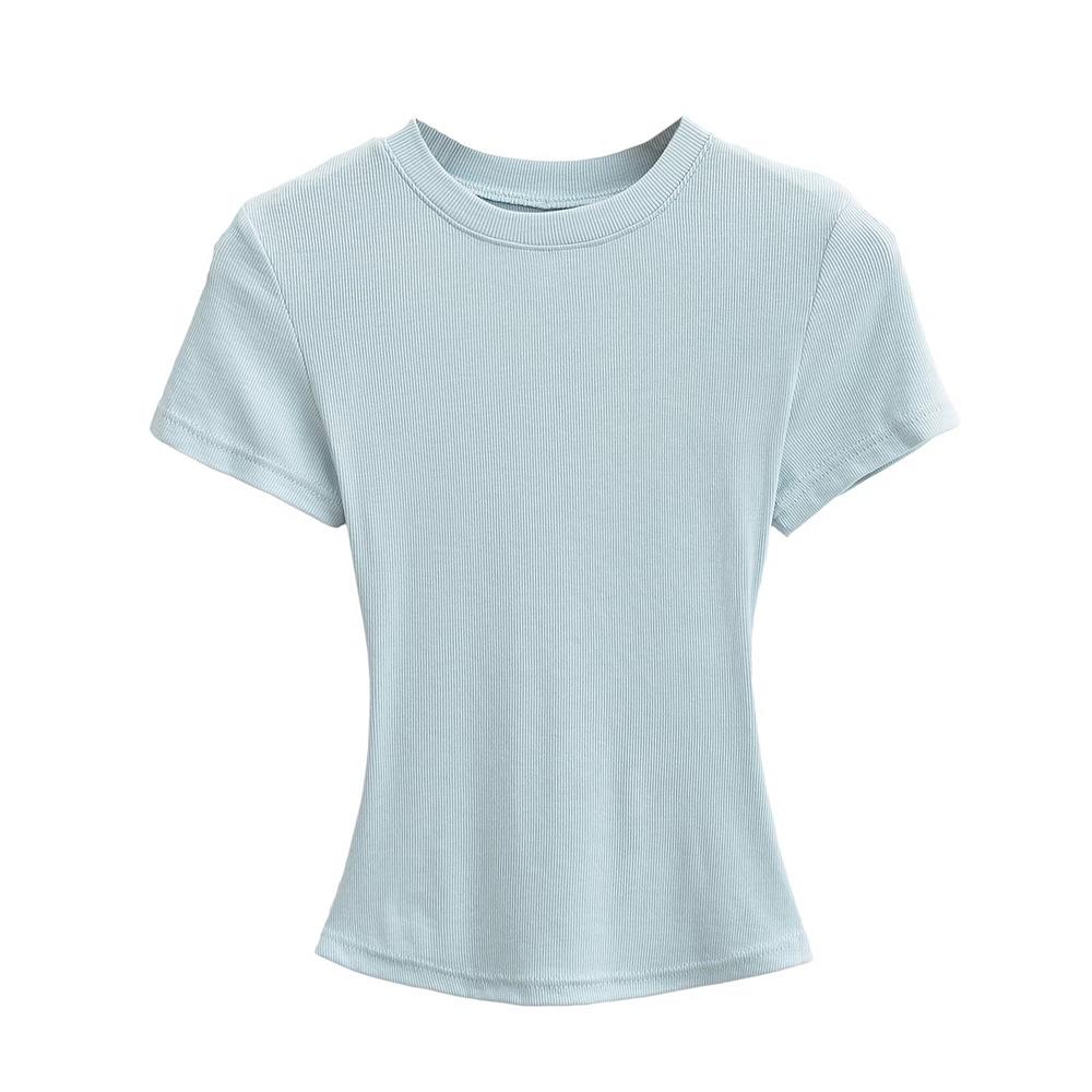 Trendy Women's Ribbed Slim Fit Short Sleeve T-Shirt with Sexy Round Neck and Straight Shoulders.