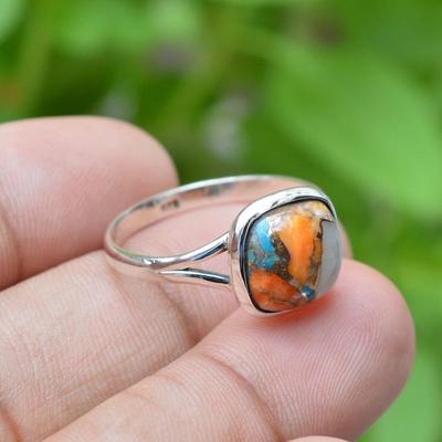 Oyster Kupfer Türkis Kissenring, Ring aus massivem 925er Sterlingsilber, Lünettenring, handgefertigter Schmuck, Ring zum Verkauf