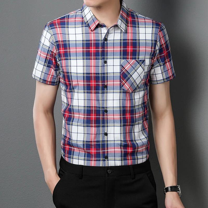 New Men's Casual Plaid Short Sleeved Lapel Shirt for Summer Fashion Comfort No Ironing Wrinkle Resistant Top