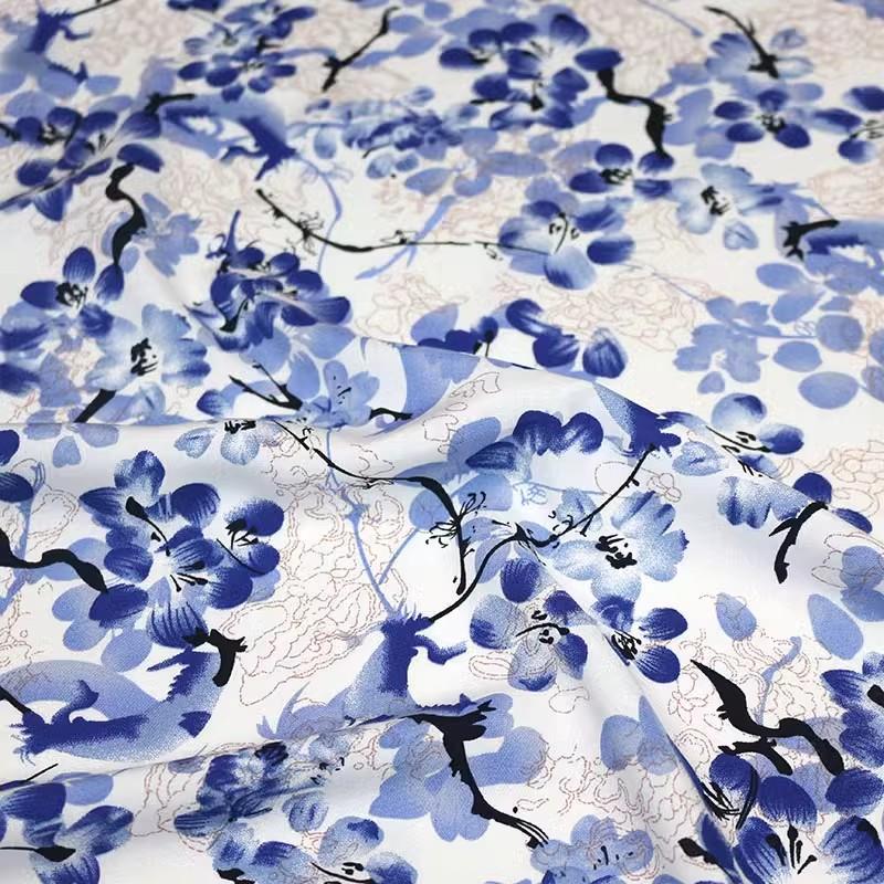 Flower Printed Rayon Viscose Fabric Soft By The Meter for Skirts Pajamas Clothes Cheongsam Diy Sewing Cloth Floral White Green