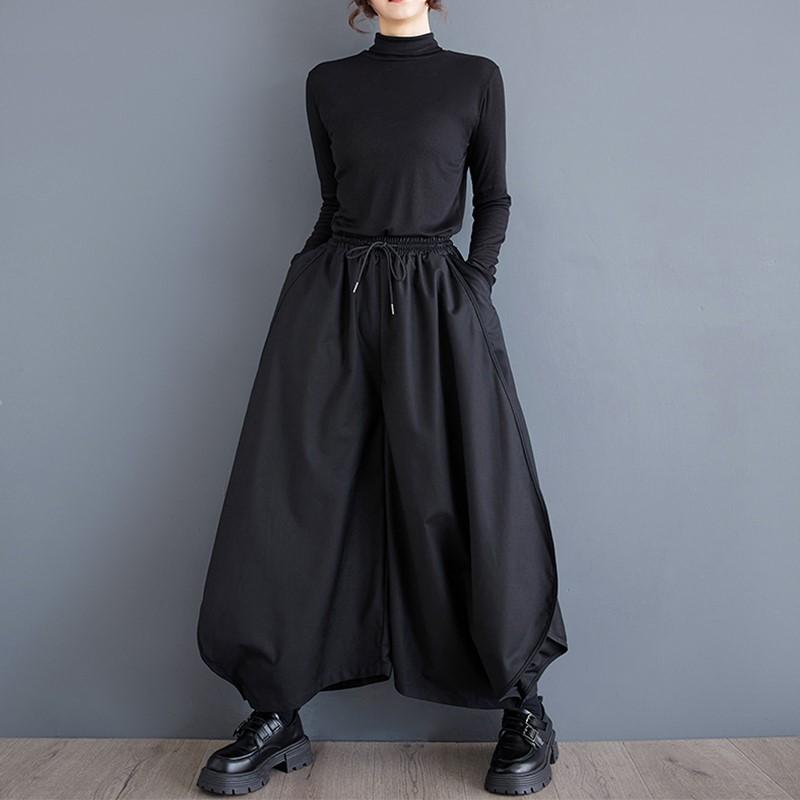 Plus Größe Vintage SCHWARZ hohe Taille Beiläufige lose Frühling Herbst breite Bein Hosen Frauen Hosen