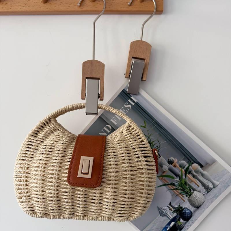 

Single-shoulder Bag Fashionable Frame Knitted Hand Paper Rope Simple Curved Leather Buckle Handle Small Round Female бежевий
