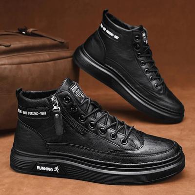 Lederstiefel für Herren Reißverschluss Herren Sneaker Mode Knöchelhohe Stiefel High Top Herrenstiefel Solide Sportschuhe Trend Motorradstiefel