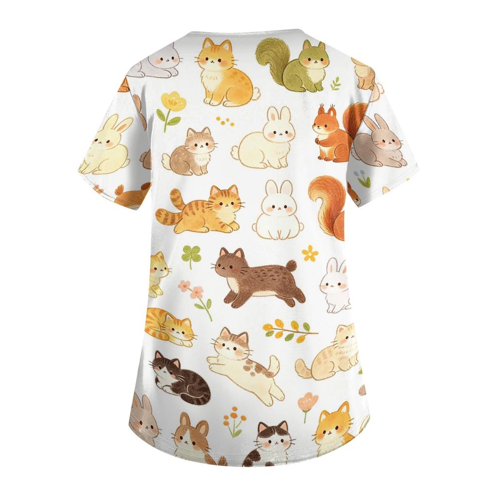 Damen V-Ausschnitt Kurzarm Arbeits-Top mit Taschen Tierprint Kasack für medizinisches Fachpersonal Bequeme Passform