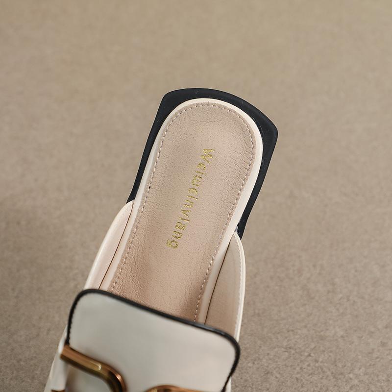 Spring Women 'S New Slippers Flat Square Mule Outdoor Casual Shoes Korean Style Stylish Metal Design Banquet And Office Wear