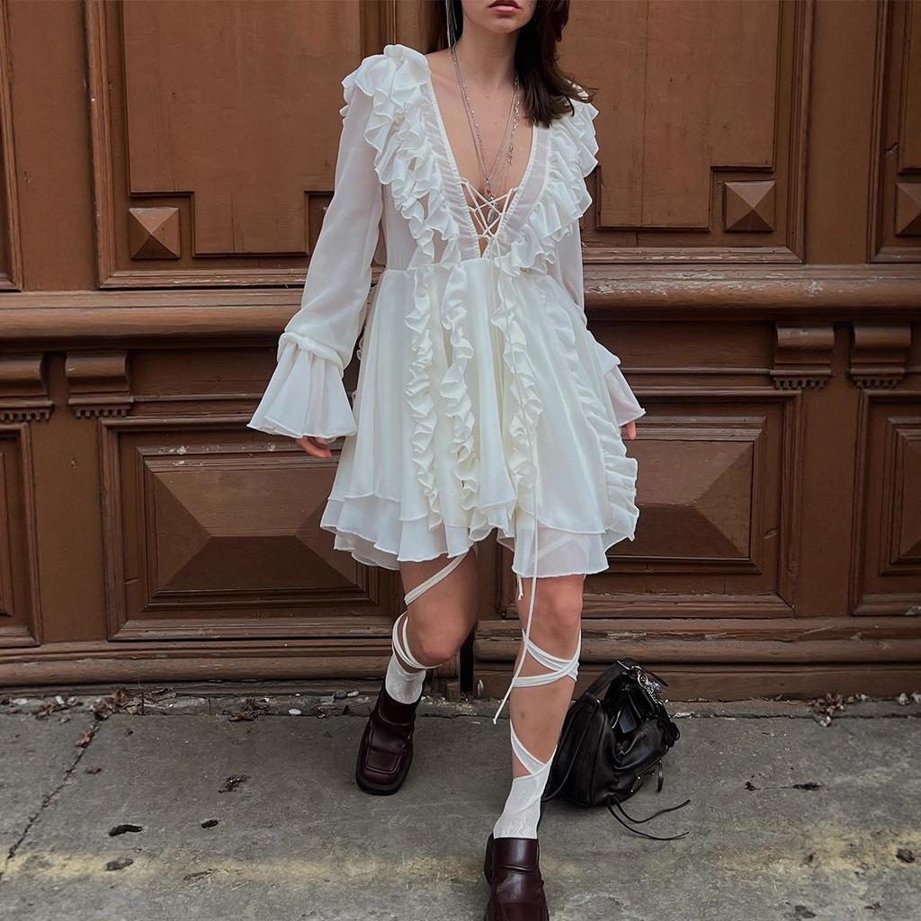 Lotus Leaf Edge Long-sleeved Dress European and American Summer New Women's V-neck Chiffon Strap Short Dress Dress