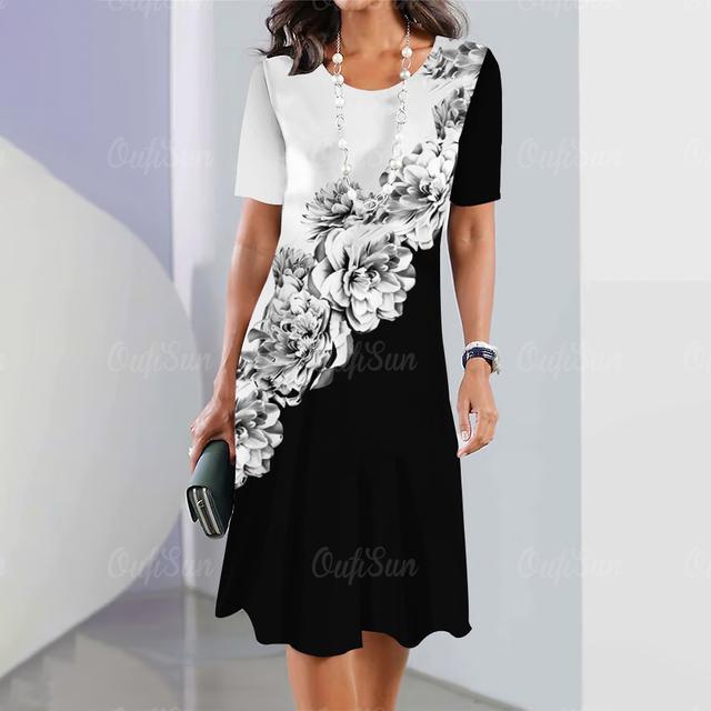 

Элегантное платье с коротким рукавом, женская одежда, цветочный принт, О-образный вырез, свободное уличное летнее платье 3XL