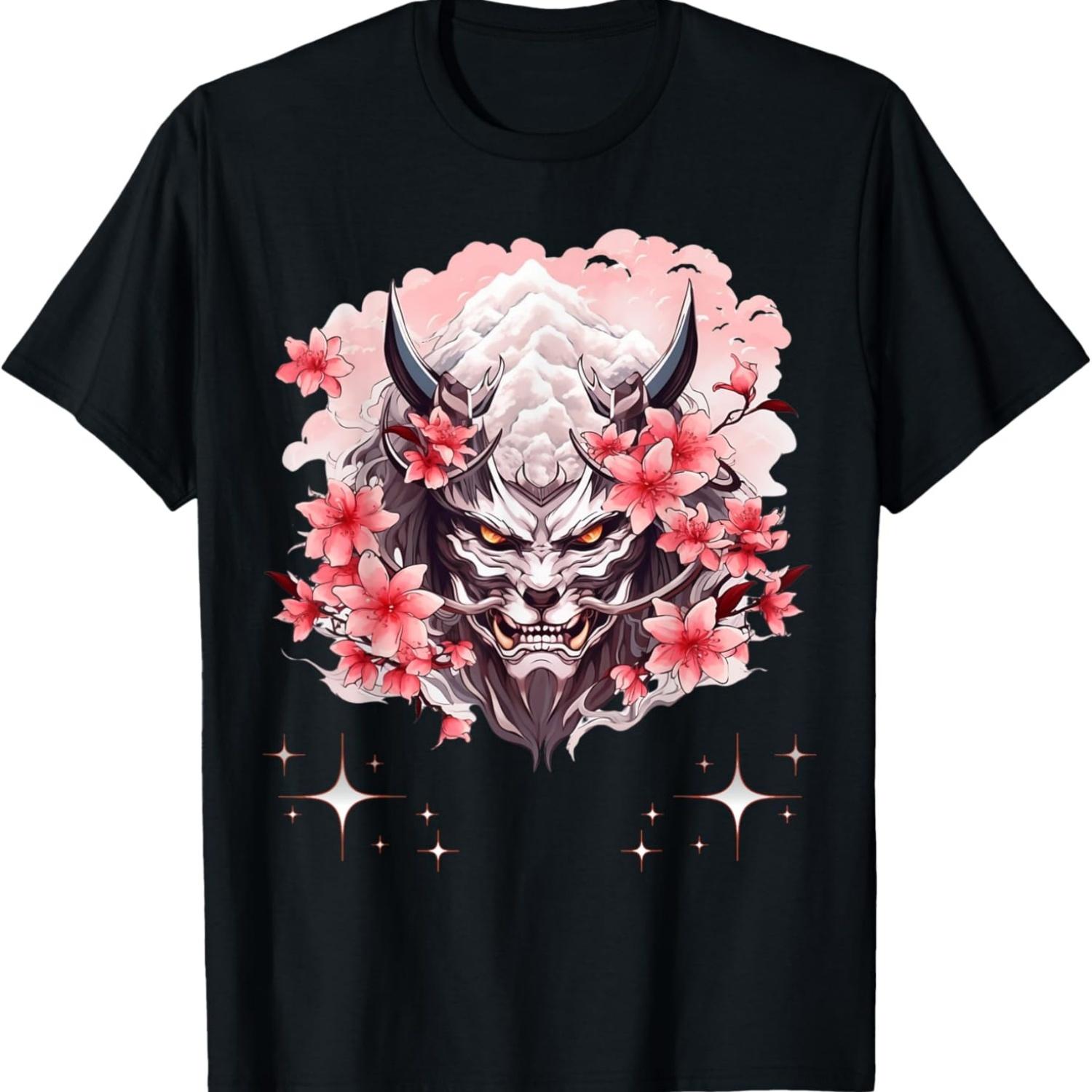 Yokai Oni Mask  Anime Blossom Cherry Flower T-Shirt(3) S чёрный
