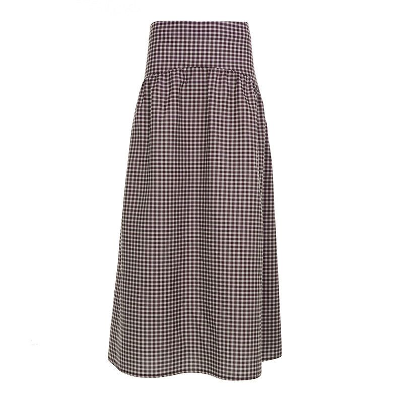 Summer American Retro College-Style Plaid Color-Blocked Waist-Cinching Slimming Skirt Versatile for Everyday Casual Wear A-Line Skirt for Trendy Girls Brown S