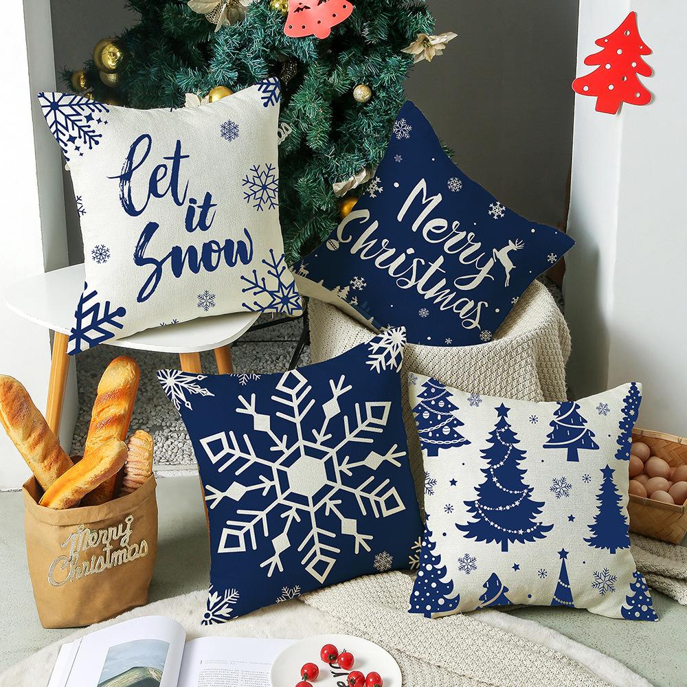 Christmas Pillow Cover Blue Elk Snowflake Linen Print Sofa Cushion Home Cushion Cover