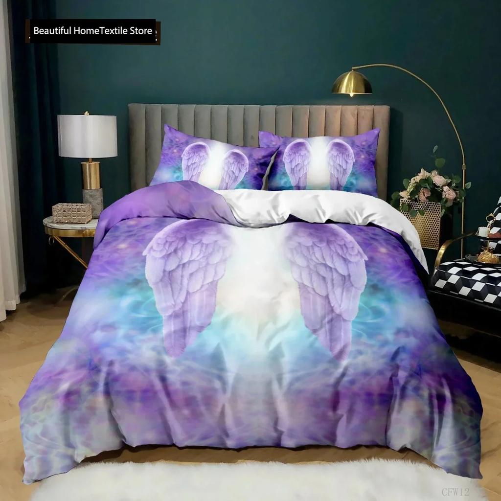 Angel Wings Duvet Cover Set Black Background Bright Orange Wing 3D Print Comforter Cover King Queen Size Polyester Bedding Set
