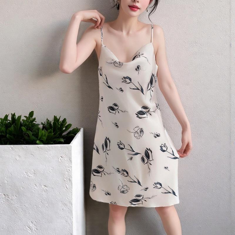 Ice and snow pajamas spring and summer women's sexy suspender vest nightdress thin swing neck print