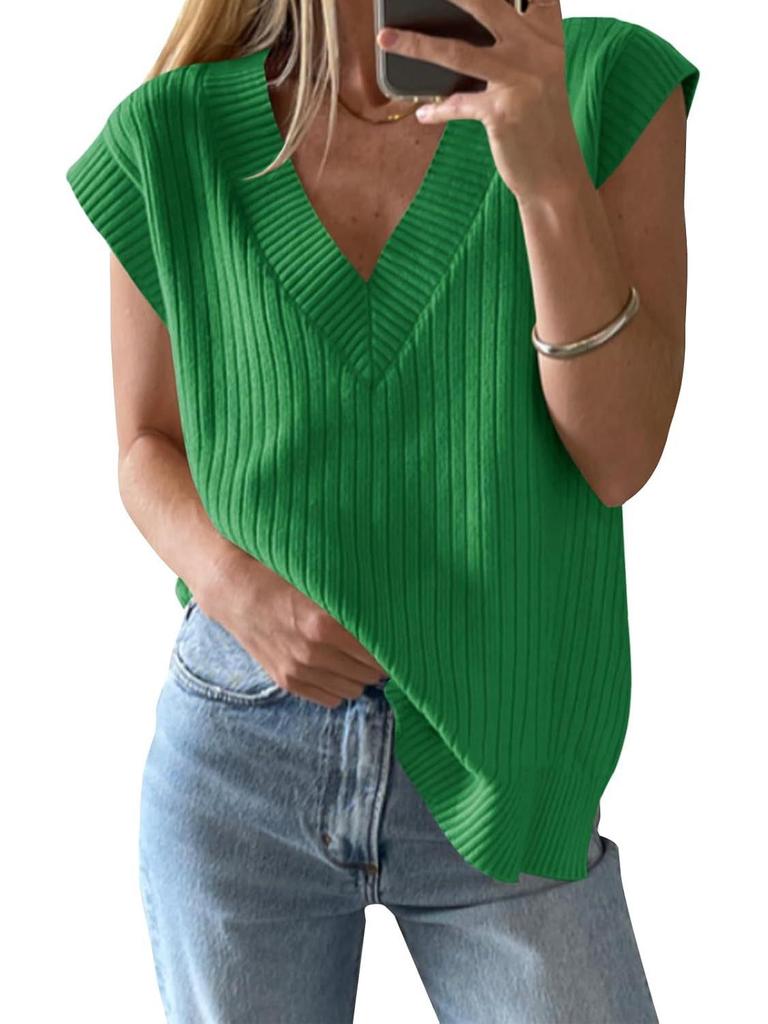2025 New European & American Women's V-Neck Short-Sleeve Knitted Top - Versatile Loose Sweater In Solid Color