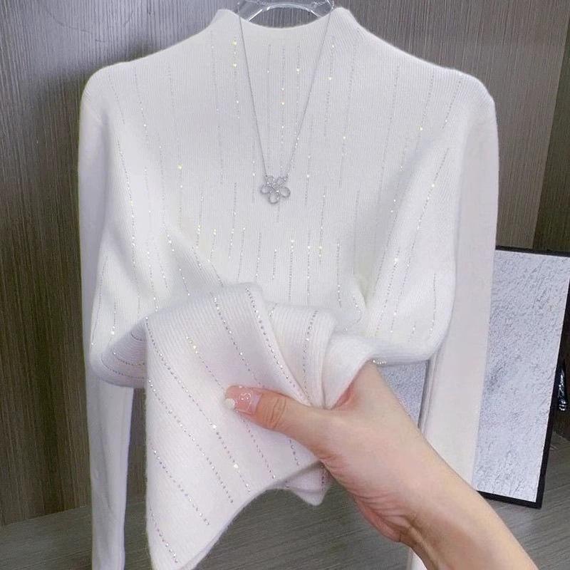 Women's Half Turtleneck Rhinestone sweater Pullover Stretch Knit Sweater Slim-Fit Long Sleeve Knit Top Autumn Winter