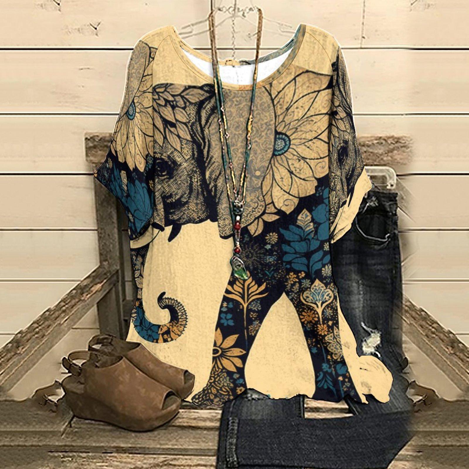 

Летняя женская футболка с половинным рукавом модная винтажная марокканская футболка с принтом слона Y2K Одежда Графическая женская футболка