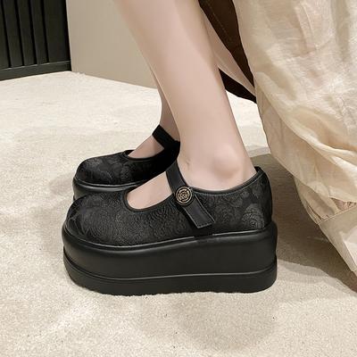 Luxury Embroidered Printed Platform Women Mary Janes Shoes 2025 New Big Round Head Buckle Belt Comfort Thick Bottom Shoe