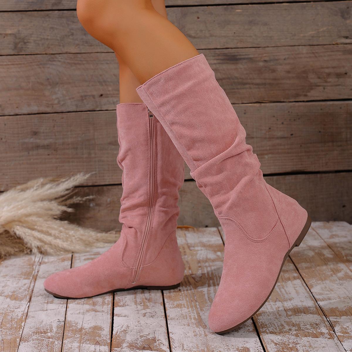 

Мода 2025 Новые женские ботинки большого размера на плоской подошве с боковой молнией, повседневные, модные, ботинки с высоким голенищем, модные ботинки с плиссировкой 43 розовый