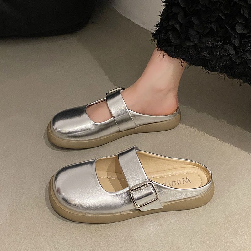 French retro bag head silver half slippers women's 2025 new soft bottom flat bottom one pedal slippers women's summer wear