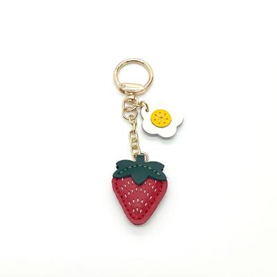 Handmade Leather Strawberry Bag Charm Gold Fruit Keychain Cute Daisy Flower Pendant for Purse