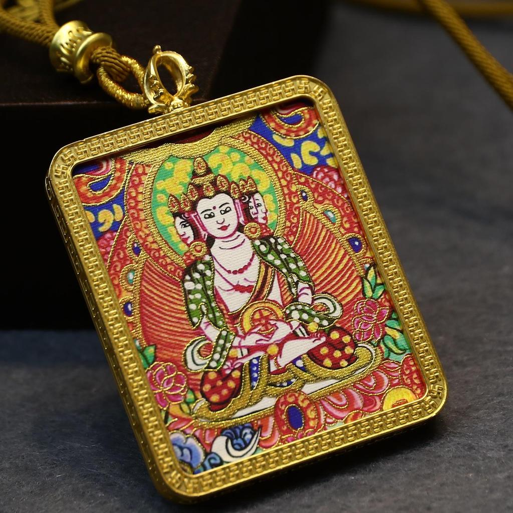 Gold-Painted Tibetan Thangka Pendant with Eight Guardian Deities in Zhakiram Mahakala Gau Design