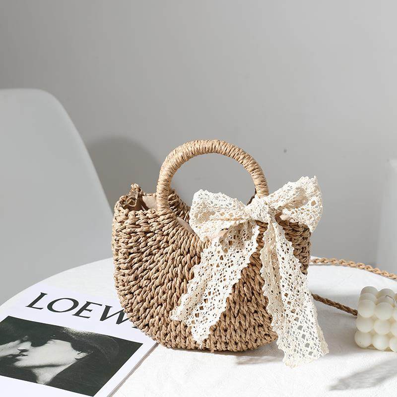 Summer woven bag women's niche design semi-round straw woven bag leisure vacation wind beach bag women's portable messenger bag