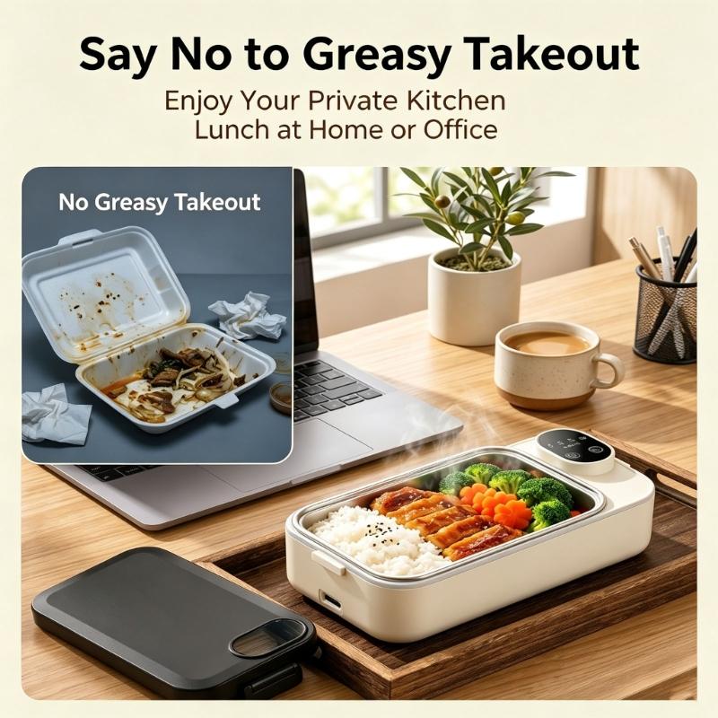 Rechargeable Heated Lunch Container with Touch Panel, Type C Charging and Carry Friendly Structure for Daily Meals
