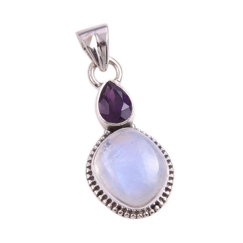 Natural Rainbow Moonstone, Amethyst Gemstone 925 Solid Silver Pendant 1.50" M5T94
